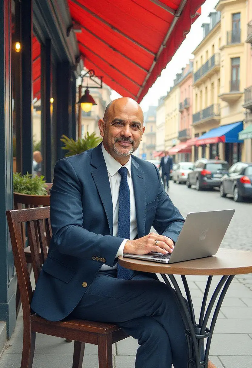 Boss sitting in outdoor cafe