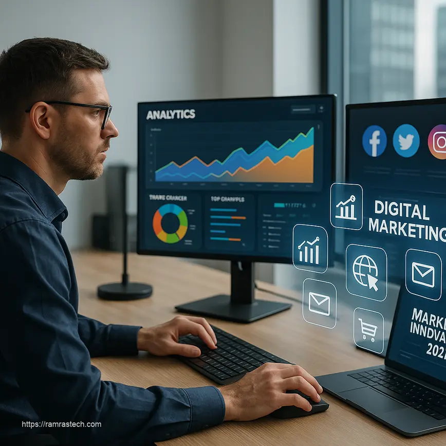 Digital Marketing Masterclass showcasing future trends, analytics dashboards, and strategic planning for 2025 marketing success