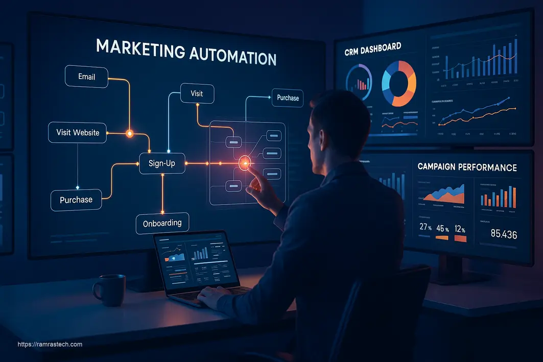 Modern marketing automation dashboard with workflow visualization, CRM integration, and campaign analytics for 2025 strategies