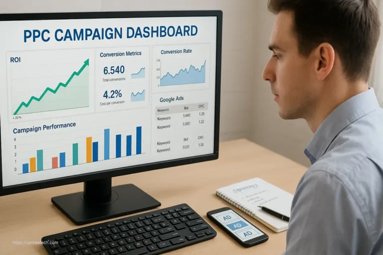 Professional analyzing PPC advertising dashboard with ROI metrics, conversion data, and campaign performance graphs