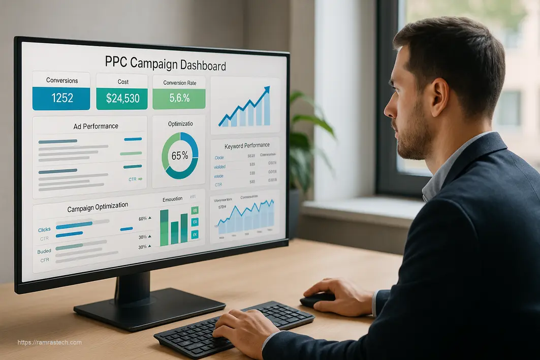 Professional marketer analyzing PPC tactics on a digital dashboard with performance metrics, ROI charts, and campaign optimization tools