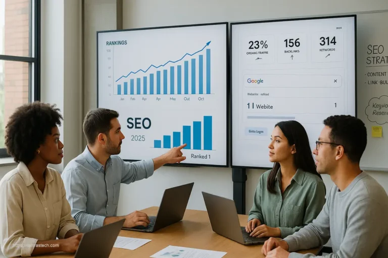 Marketing team analyzing SEO data and implementing unbeatable ranking strategies for 2025