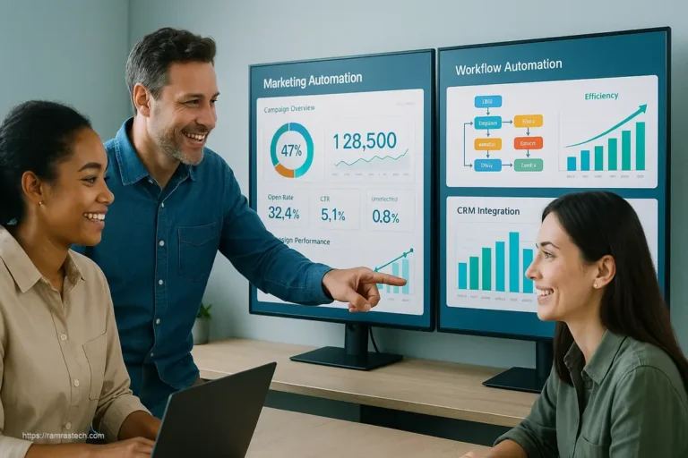 Small business team analyzing affordable marketing automation dashboard with campaign metrics and workflow automation tools