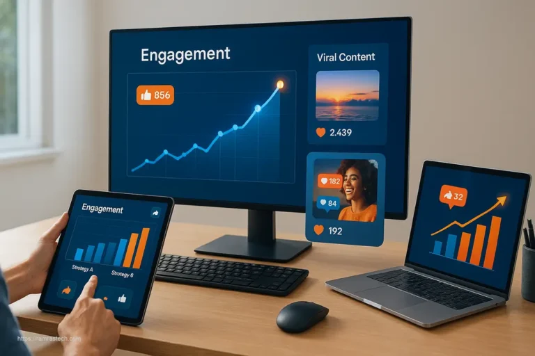 Professional using social media hacks to boost engagement with interactive content displays on multiple devices