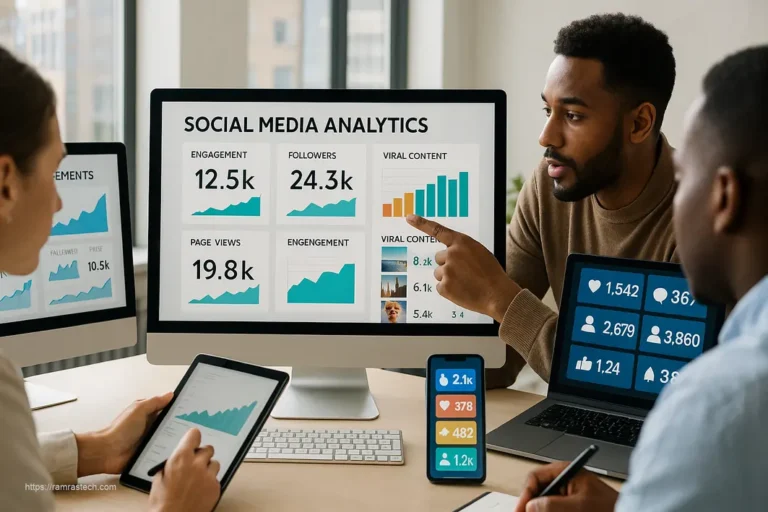 Marketing professionals analyzing social media engagement tactics on multiple screens