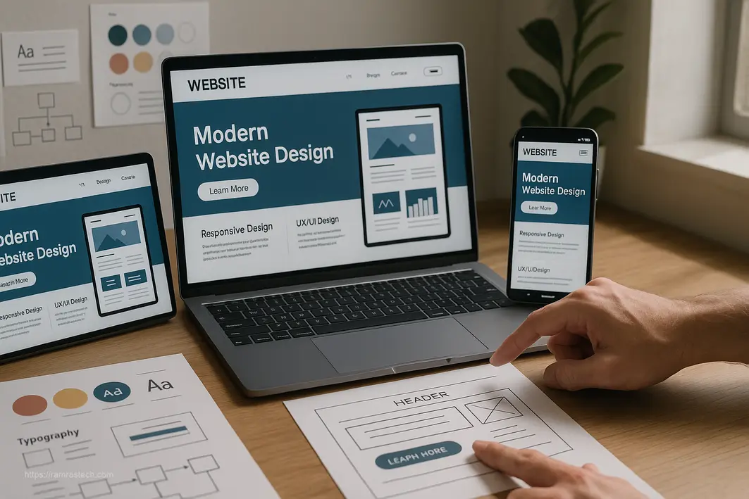 Professional workspace displaying web design principles with responsive layouts on multiple devices demonstrating enhanced user experience techniques