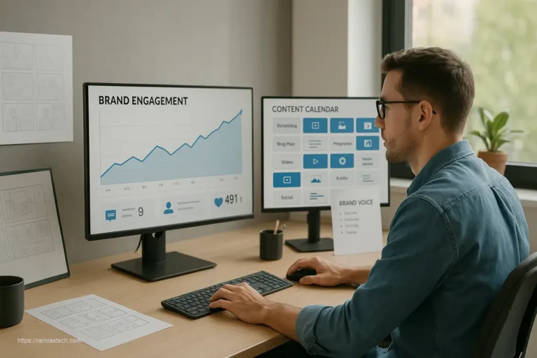 Professional creating engaging content marketing strategies with digital charts showing increased brand engagement metrics
