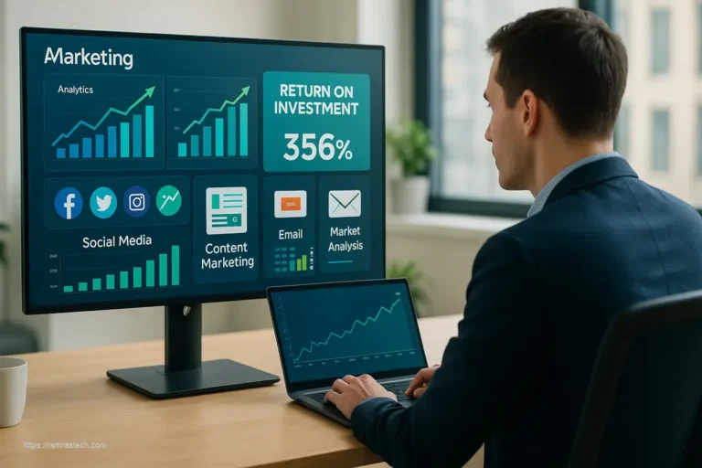 Professional marketer analyzing digital marketing strategies dashboard with graphs showing ROI improvement