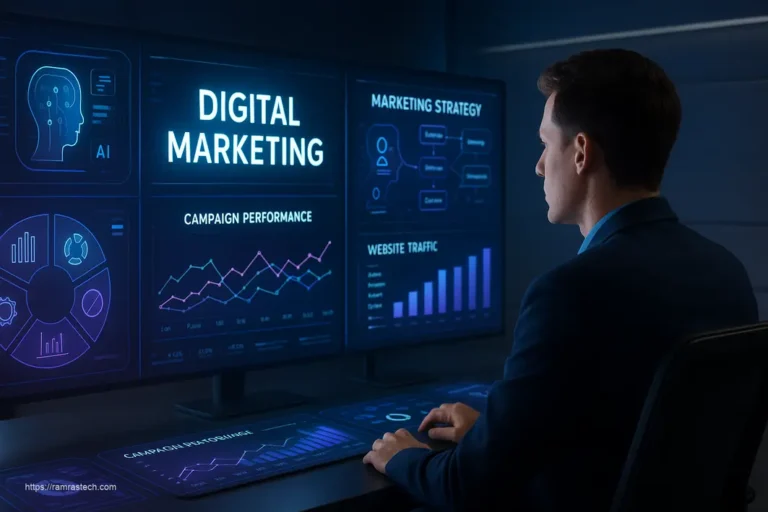 Futuristic visualization of digital marketing strategies showing analytics dashboards, campaign elements, and strategic planning tools for market domination in 2025