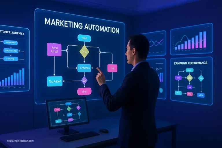 Futuristic marketing automation dashboard showing workflow automation, lead scoring, and campaign optimization tools boosting business efficiency