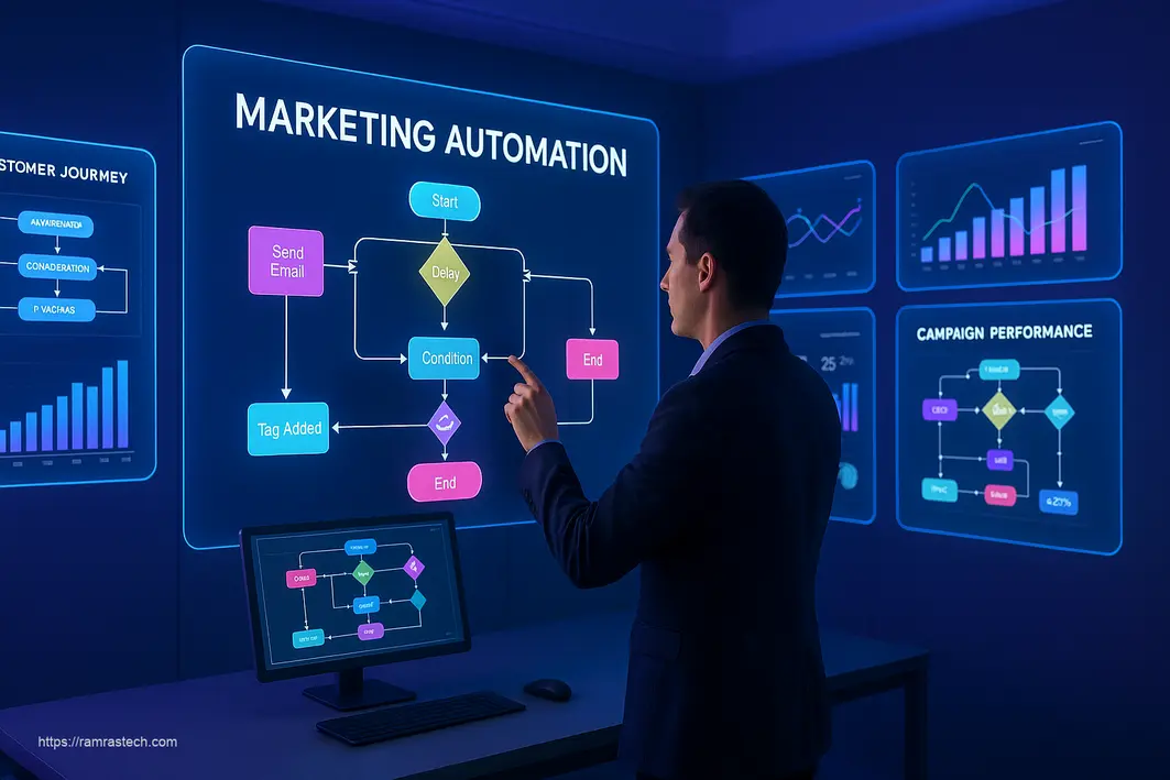 Futuristic marketing automation dashboard showing workflow automation, lead scoring, and campaign optimization tools boosting business efficiency