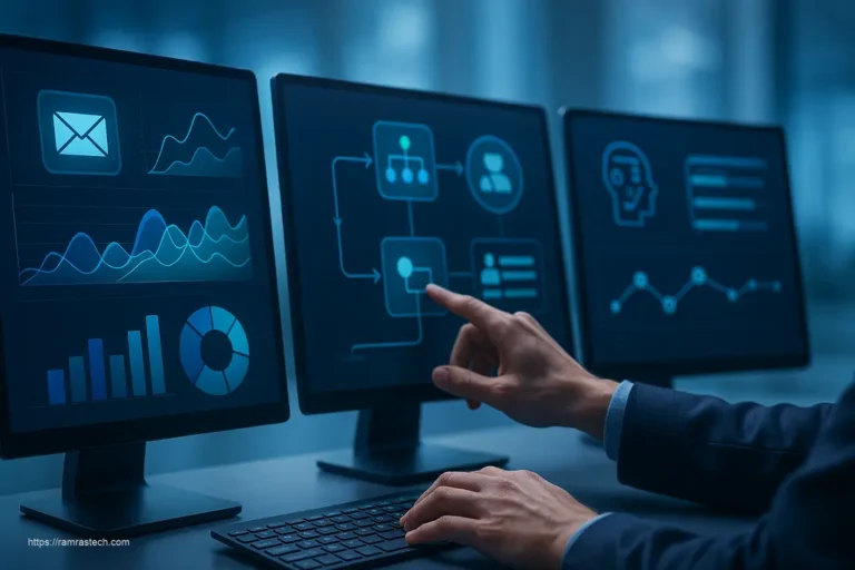 Advanced marketing automation tools dashboard showing workflow automation, CRM integration, and AI-powered analytics for 2025
