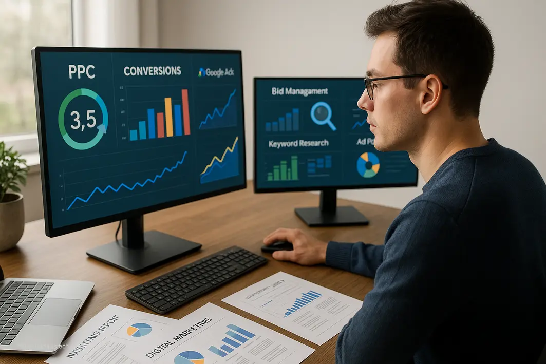 Professional marketer analyzing PPC campaign data with ROI metrics and optimization tools on multiple screens showing paid search performance