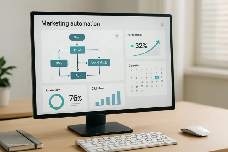 Visual representation of marketing automation tools creating seamless workflows with connected processes and performance metrics