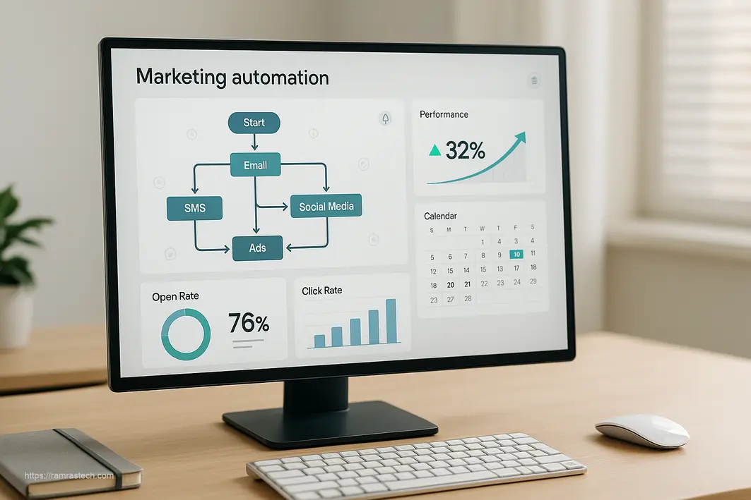 Visual representation of marketing automation tools creating seamless workflows with connected processes and performance metrics