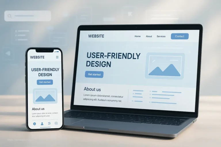 Professional illustration of website design features including responsive layouts, intuitive navigation, and user-friendly elements