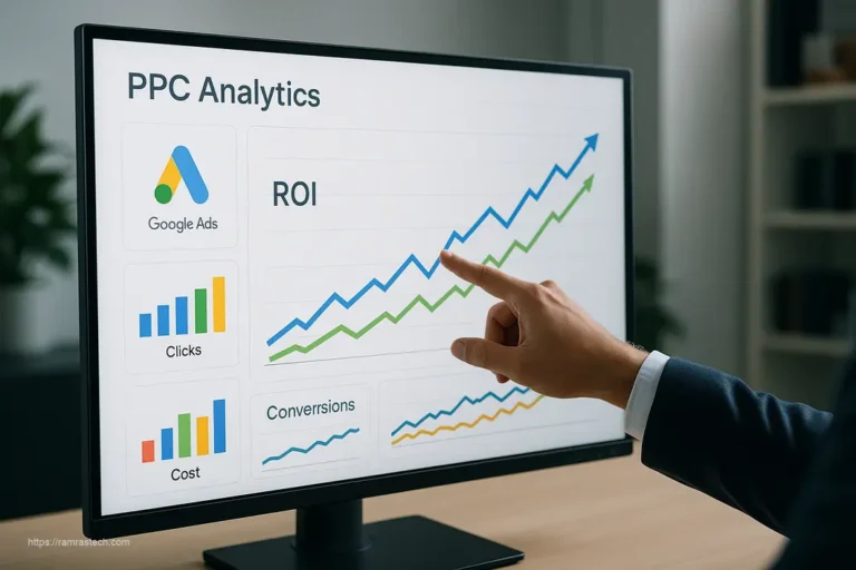 Digital marketing professional analyzing PPC strategies dashboard showing maximized ROI metrics for 2025