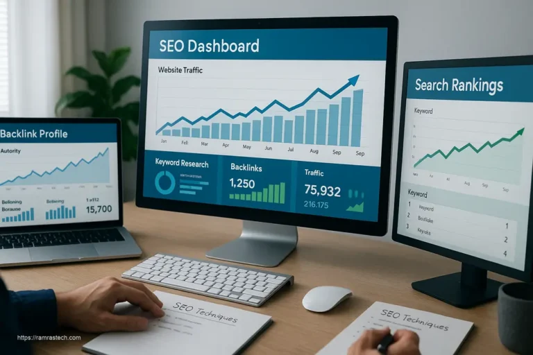 Illustration of SEO techniques showing analytics dashboard, keyword research, and website ranking improvement for 2025