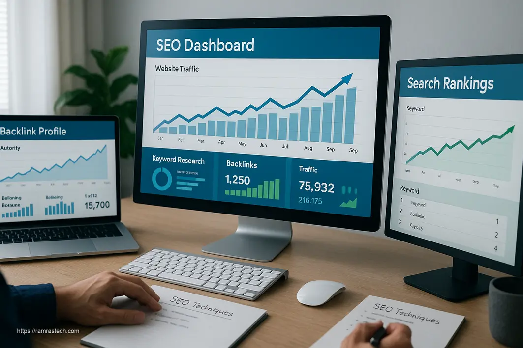 Illustration of SEO techniques showing analytics dashboard, keyword research, and website ranking improvement for 2025