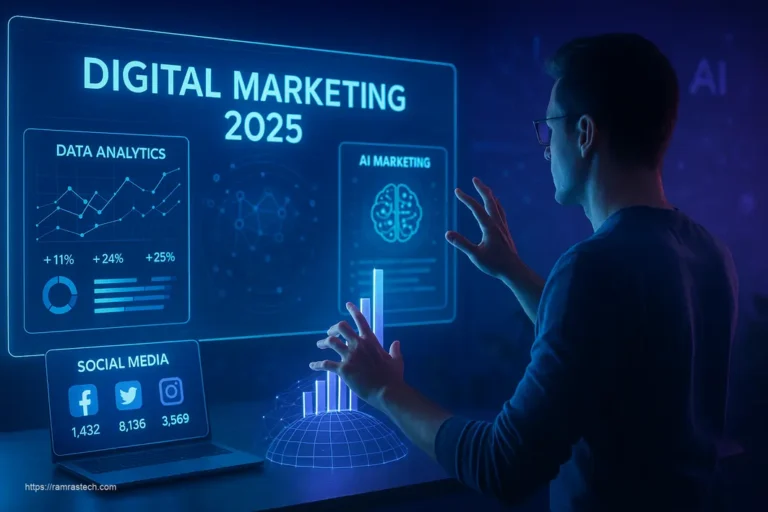 Futuristic digital marketing workspace showing advanced analytics, AI tools, and emerging trends for 2025