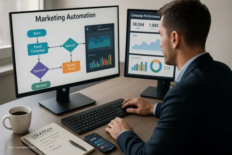 Professional using marketing automation dashboard with workflow automation, analytics, and CRM integration
