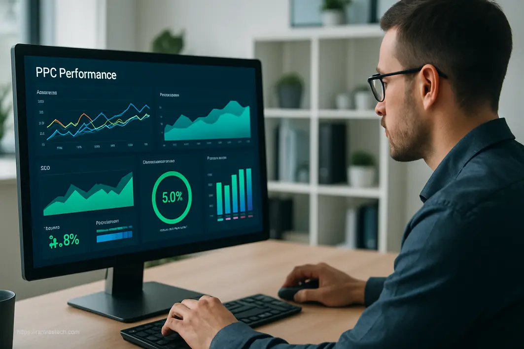 Professional digital marketer analyzing PPC performance metrics on a modern dashboard with conversion data and optimization tactics