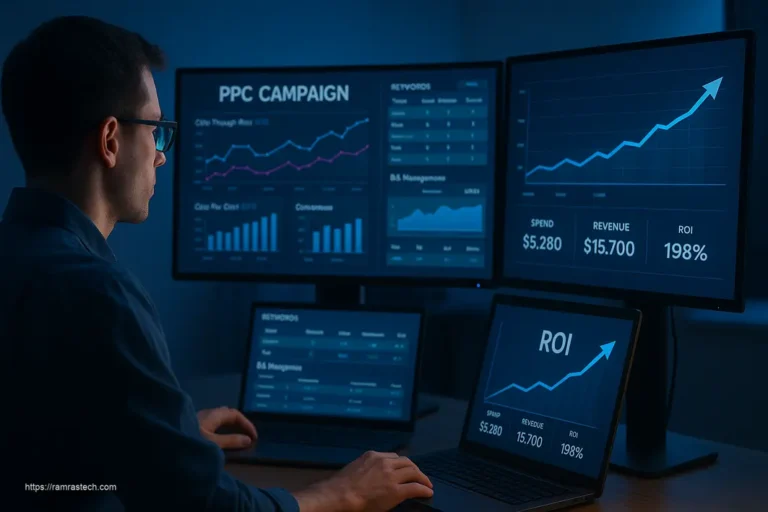 Digital marketing professional analyzing pay-per-click campaign data to implement ROI-boosting PPC strategies