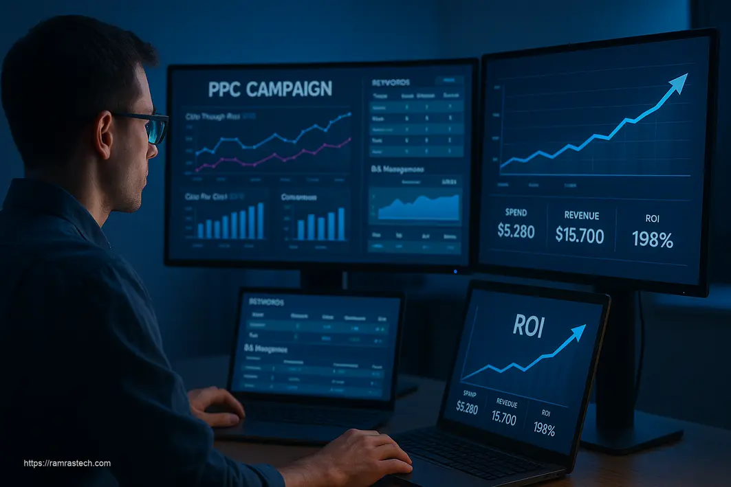 Digital marketing professional analyzing pay-per-click campaign data to implement ROI-boosting PPC strategies