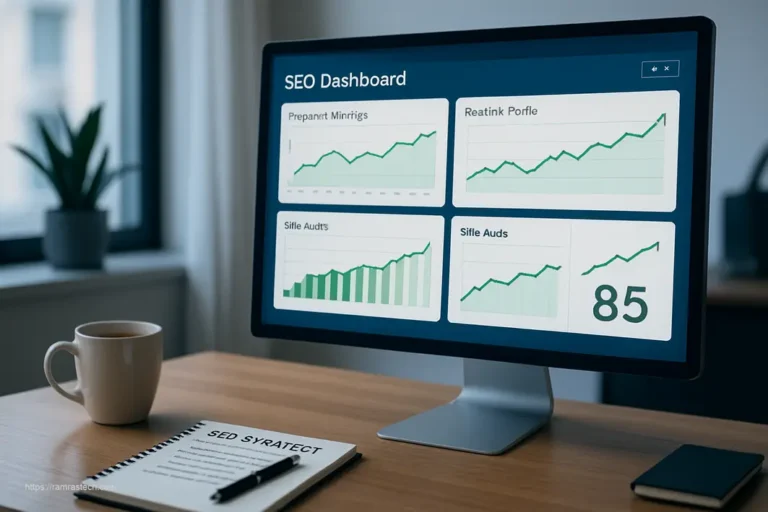 Professional SEO dashboard displaying improved search rankings with keyword analysis, backlink data, and site audit metrics