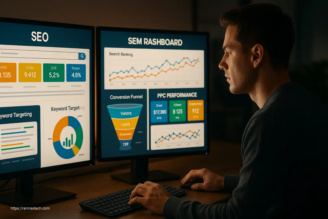 Digital dashboard showing search engine marketing strategies with SEO metrics and PPC campaign data