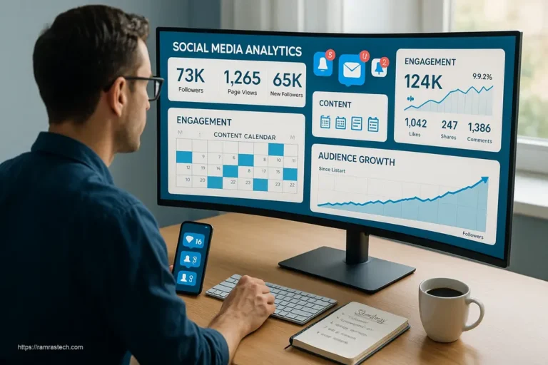 Professional using multiple social media platforms with analytics dashboards showing growth metrics for business strategy