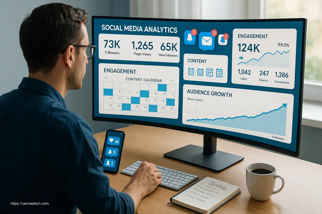 Professional using multiple social media platforms with analytics dashboards showing growth metrics for business strategy