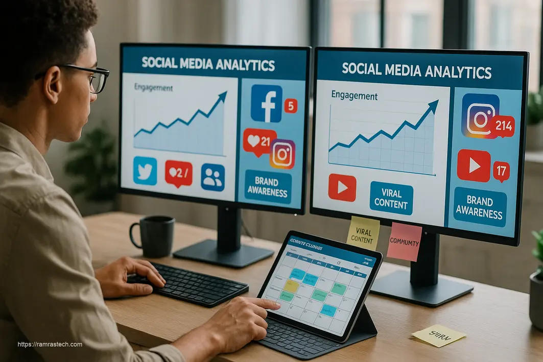Professional strategizing social media marketing hacks with digital platforms and engagement analytics on screens