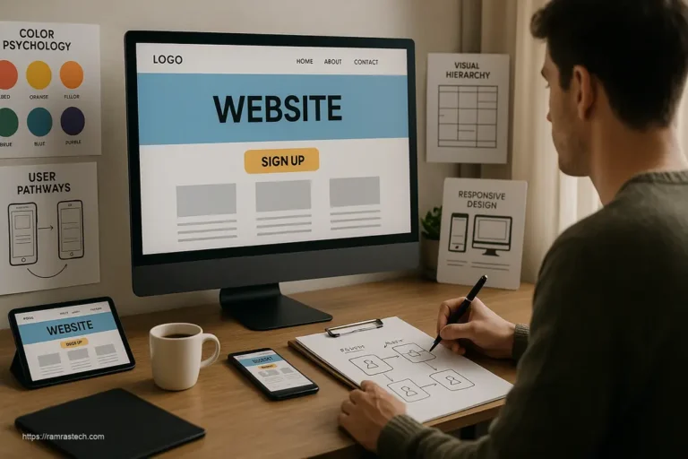 Professional illustration showing 5 essential website design principles with UX elements and conversion optimization features