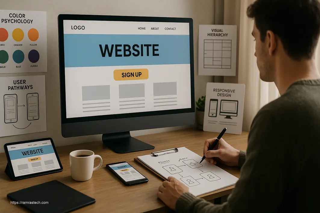 Professional illustration showing 5 essential website design principles with UX elements and conversion optimization features