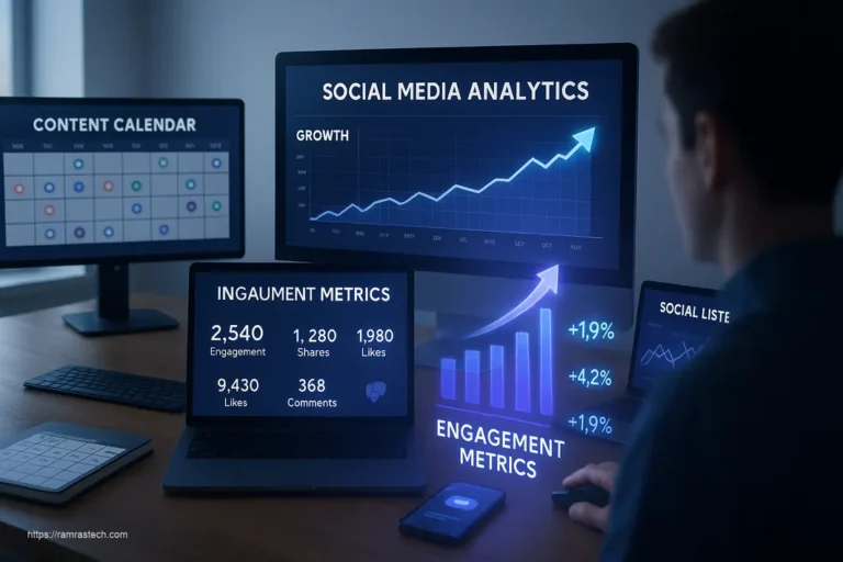Visual representation of innovative social media marketing techniques showing content creation, audience analysis, and digital engagement strategies