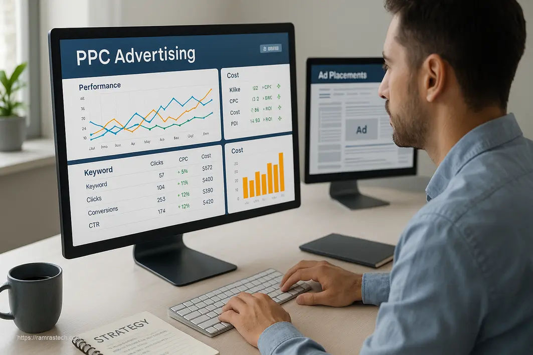 Digital marketing professional using advanced PPC advertising optimization dashboard to implement cost-per-click hacks and maximize ROI