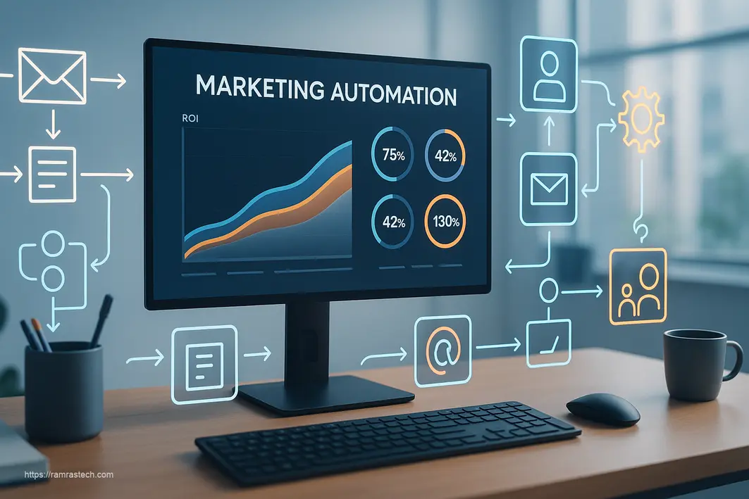 Visual representation of marketing automation techniques with AI integration and performance metrics for boosting ROI