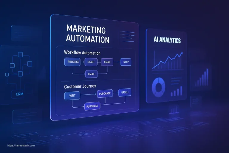 Advanced marketing automation dashboard showing workflow optimization, lead nurturing, and CRM integration for 2026 strategies