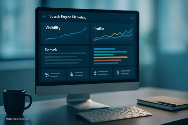 Digital dashboard showing search engine marketing strategies with performance metrics, keyword analysis, and visibility growth charts