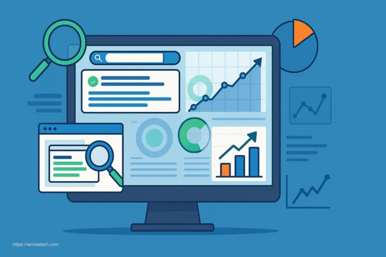 Professional diagram showing search engine marketing techniques with analytics, paid search elements, and visibility metrics