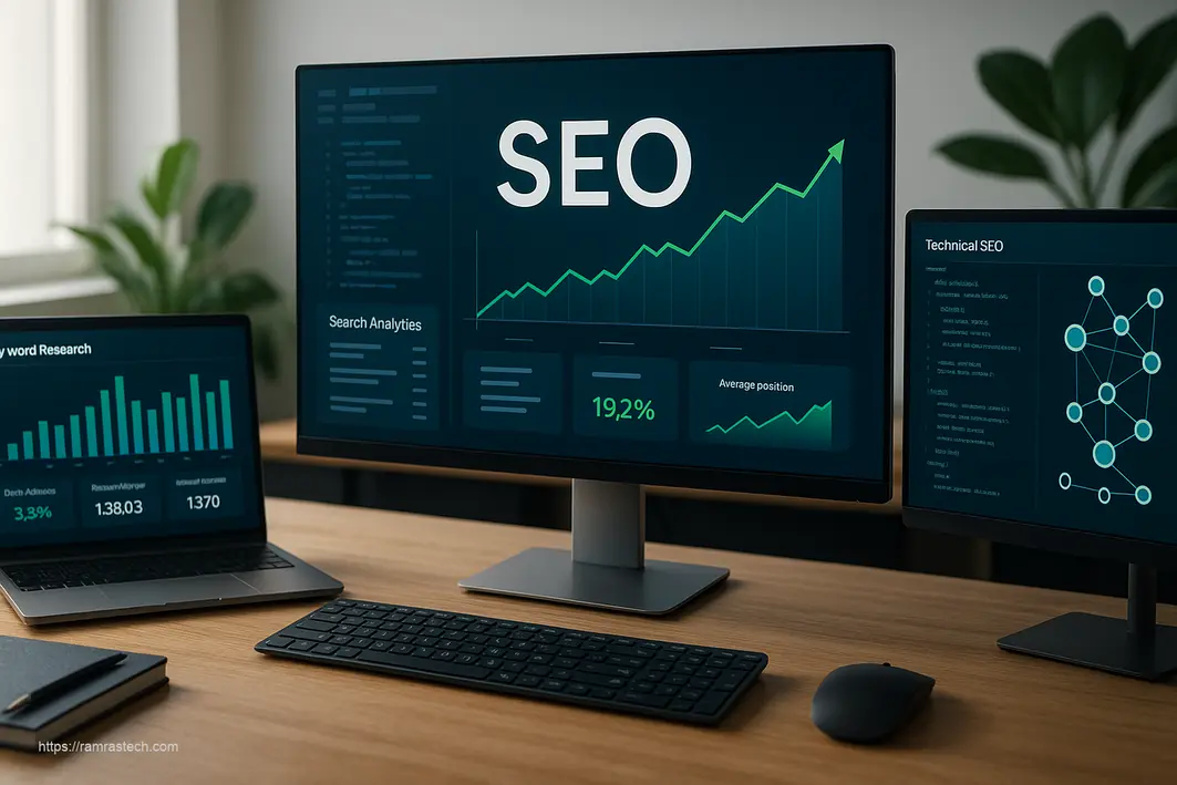 Visual representation of SEO techniques showing data analytics, search rankings, and optimization strategies for 2026
