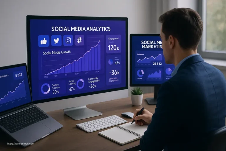 Professional using advanced social media marketing techniques with analytics dashboard and engagement tools