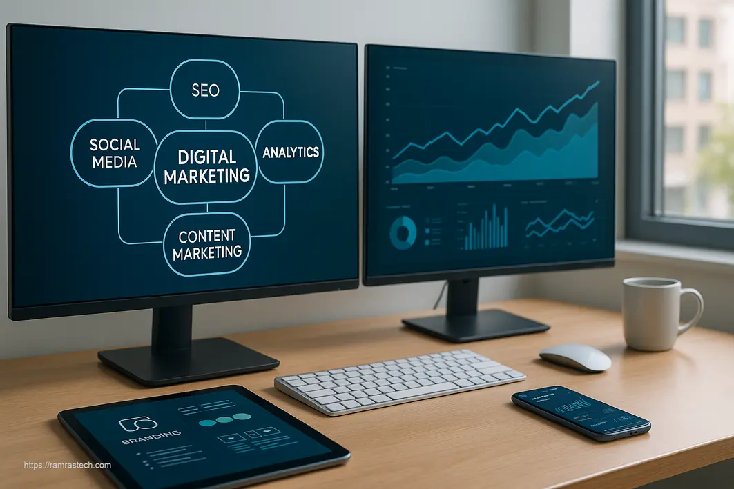 Digital Marketing Blueprint 2026 showing connected marketing strategies and analytics dashboard for business growth