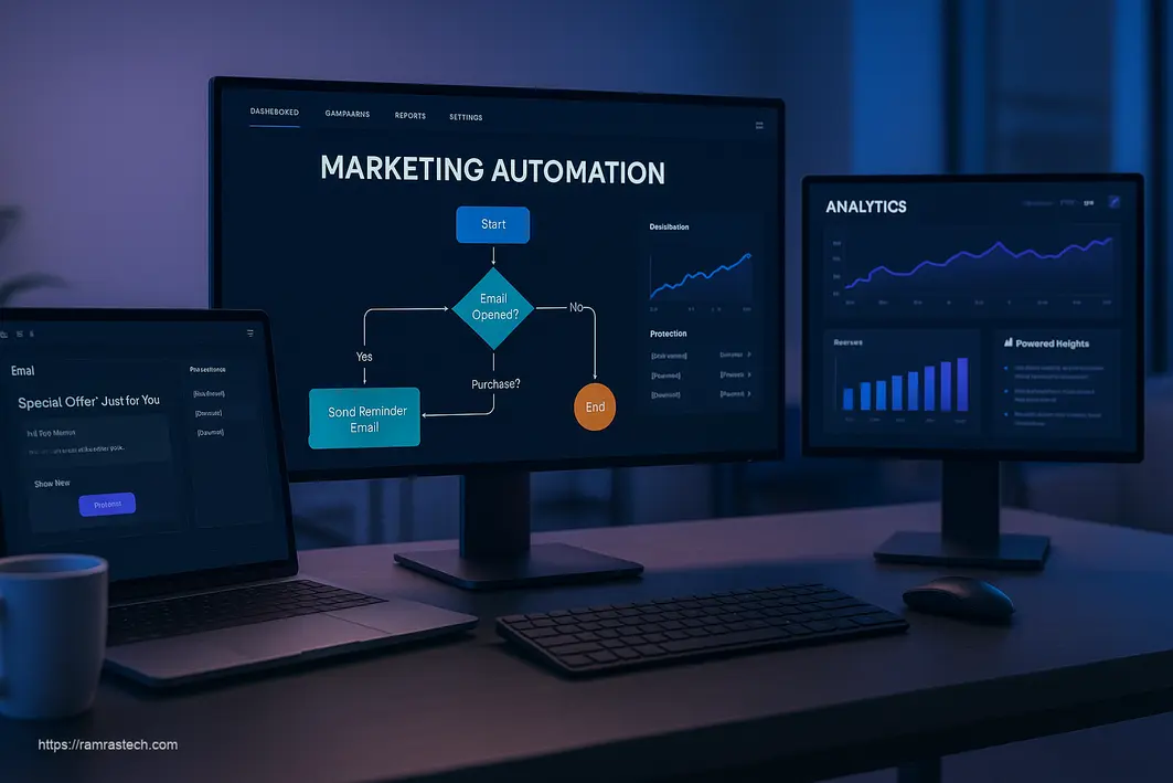 Futuristic marketing automation dashboard with AI-powered workflow automation and personalized customer journey mapping for 2026 digital marketing success