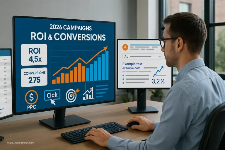 Professional analyzing PPC campaign metrics and ROI data on multiple screens showing ad performance and conversion statistics for 2026 strategies