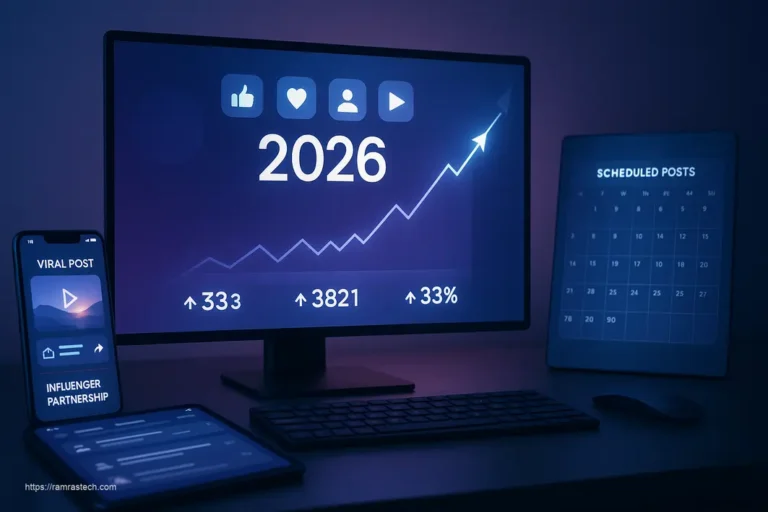 Innovative social media growth hacks visualization showing analytics dashboards, engagement metrics, and content strategy planning for 2026