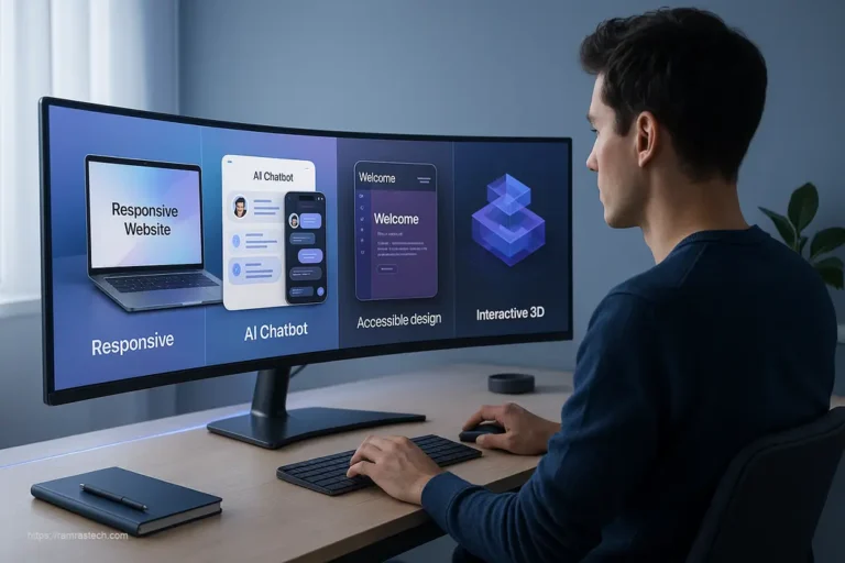 Futuristic web design interface showcasing 2026 trends including responsive layouts, minimalism, and AI integration